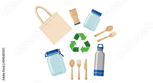 Eco friendly reusable shopping items set around recycling symbol. Vector Illustrations. EPS Editable