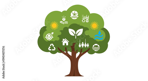 Eco Friendly Tree With Symbolic Icons. Vector Illustrations. EPS Editable