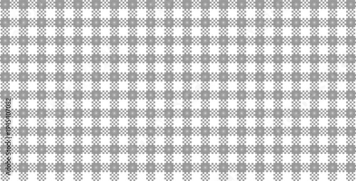 Gray and white repeating geometric pattern with checkered squares and small circular starburst motifs, symmetrical grid layout, minimalist abstract background.