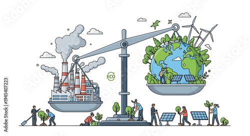 Environmental Balance Between Industry And Earth On Scale. Vector Illustrations. EPS Editable