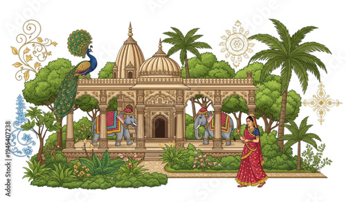 Mughal Pichwai Garden Vector Illustration with Temple, Peacock, Elephant, and Palm