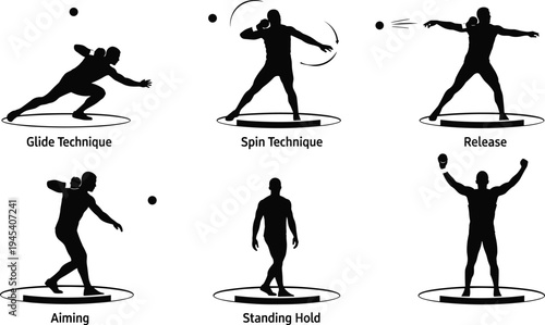 Shot putter athlete silhouettes demonstrating different throwing techniques including the glide, spin, and release, isolated on white background, in black and white