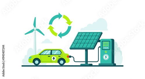 Electric Vehicle Charging Station With Green Energy Elements. Vector Illustrations. EPS Editable
