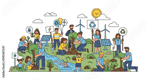 Environmentally conscious community engaged in sustainable action. Vector Illustrations. EPS Editable
