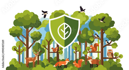 Forest Landscape With Shield Emblem Of Protection. Vector Illustrations. EPS Editable