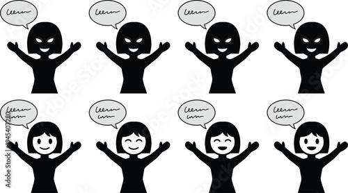 Cute, Cartoon, Characters, Laughing, Evil, Masked, Villain, And, Happy, Girl, Expressions, Comic, Speech, Bubble, Icon, Set, Humor, Emotion, Flat, Vector