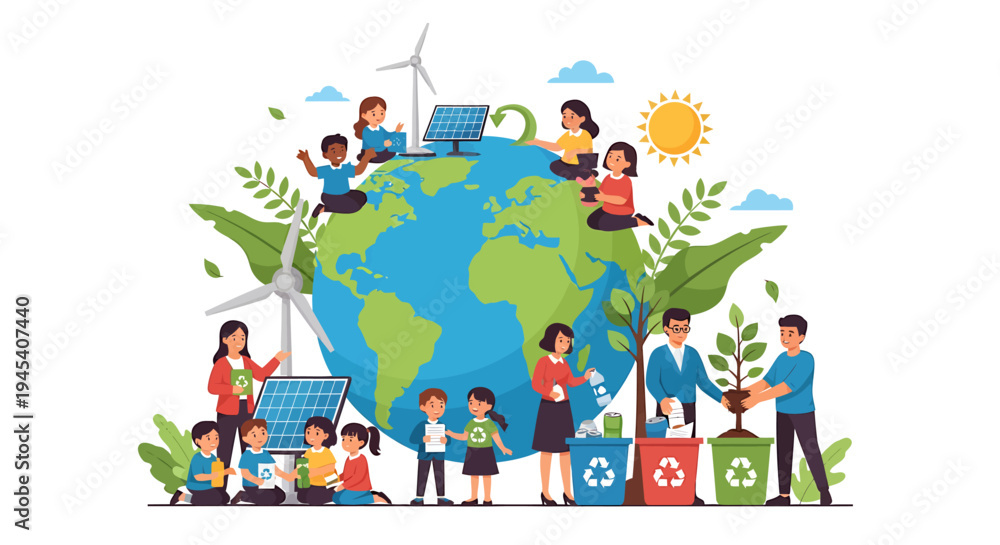Fototapeta premium Global earth and diverse people united for sustainability. Vector Illustrations. EPS Editable