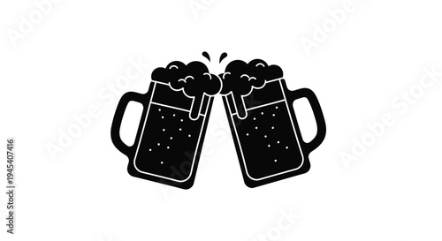 Two frothy beer mugs clinking in a celebratory toast silhouette