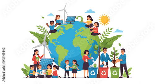 Global earth and diverse people united for sustainability. Vector Illustrations. EPS Editable