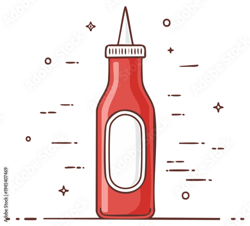 Red squeeze bottle with white cap filled with ketchup sauce and a blank label