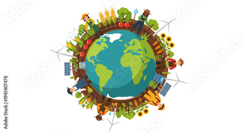 Global Earth Icon Surrounded by Environmental Themes and Icons. Vector Illustrations. EPS Editable