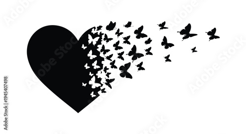 A black heart disperses into a swarm of butterflies silhouette