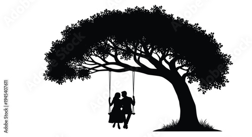 Couple on a swing under a tree a romantic silhouette