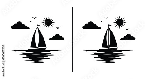 Sailing boat with sun and birds a striking black silhouette