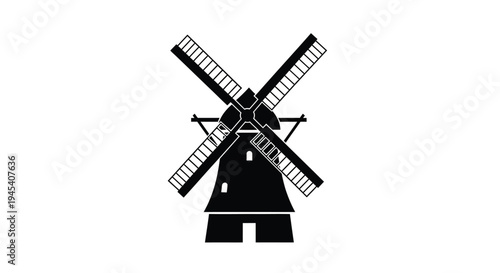 A striking black windmill illustration with a bold silhouette