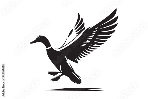 Flying mallard duck silhouette isolated on white. Wild bird waterfowl icon for hunting and nature design vector illustration.