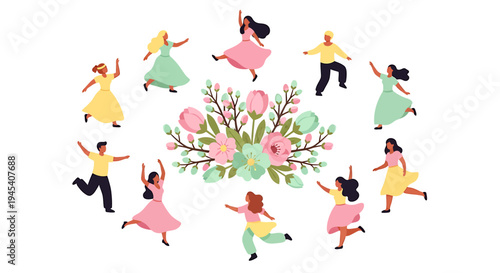Group of dancers circling a central flower bouquet. Vector Illustrations. EPS Editable