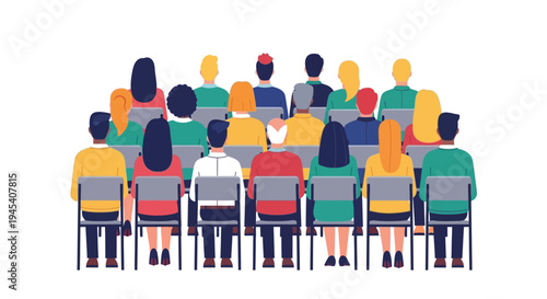 Audience members seated in rows viewed from behind silhouette