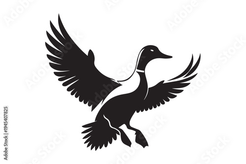 Flying mallard duck silhouette isolated on white. Wild bird waterfowl icon for hunting and nature design vector illustration.