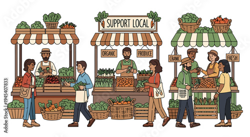 Market Vendors and Shoppers at Outdoor Fruit Stall. Vector Illustrations. EPS Editable