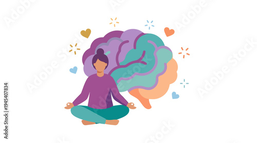 Meditating Person in Colorful Mindful Scene. Vector Illustrations. EPS Editable