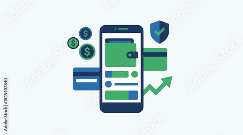 Mobile payment concept with smartphone and digital wallet. Vector Illustrations. EPS Editable