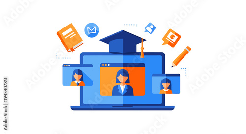 Online Learning On Laptop With Teacher And Students. Vector Illustrations. EPS Editable