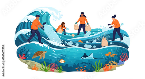 People Riding Large Inflatable Wave Toy In Pool. Vector Illustrations. EPS Editable