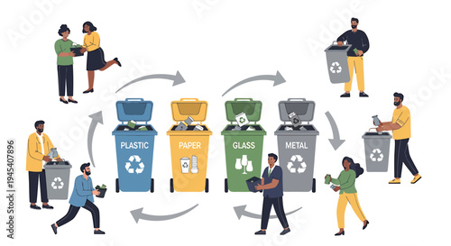 People Sorting Waste Into Color Coded Recycling Bins. Vector Illustrations. EPS Editable
