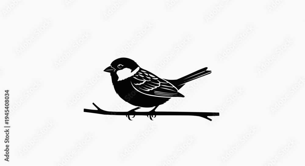 Fototapeta premium A detailed black silhouette of a small sparrow perched gracefully on a thin tree branch in profile