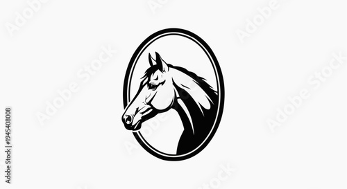 A detailed black and white illustration of a majestic horse head centered inside a classic oval