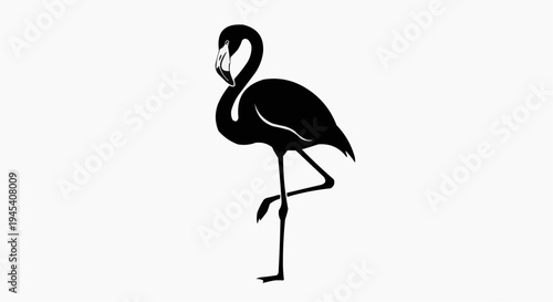 A detailed black silhouette of a graceful flamingo standing on one leg with its head turned back