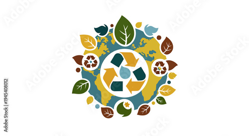 Recycling Symbol With Leaves Emphasizing Eco Friendly Concept. Vector Illustrations. EPS Editable