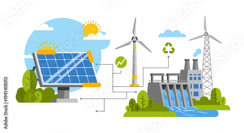Renewable Energy Scene With Solar Panels And Wind Turbines. Vector Illustrations. EPS Editable
