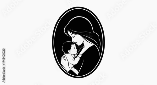 A tender black and white artistic silhouette illustration of a loving mother cradling her baby
