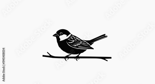 A detailed black silhouette of a small sparrow perched gracefully on a thin tree branch in profile