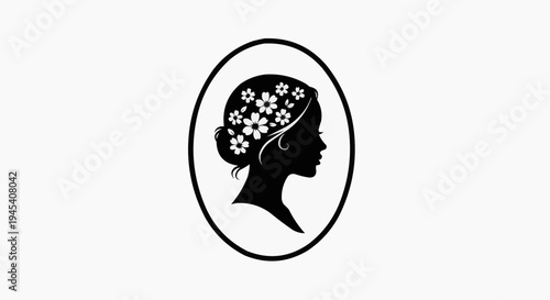 Black silhouette of a woman in profile wearing a hair accessory decorated with small floral motifs
