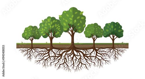 Row of trees with exposed roots. Vector Illustrations. EPS Editable