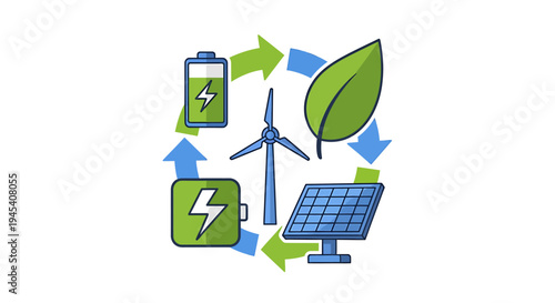 Renewable energy technology icons in sustainable cycle. Vector Illustrations. EPS Editable
