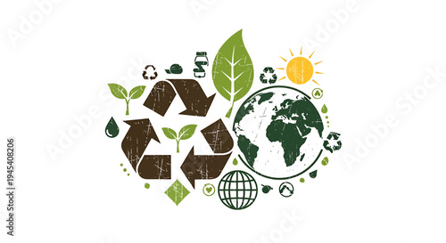 Sustainable Recycling Symbols Around Earth And Leaves. Vector Illustrations. EPS Editable