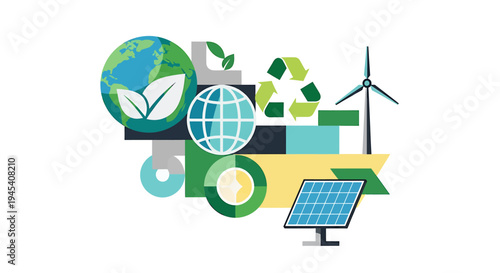 Sustainable energy technology concept featuring wind turbine solar panel and globe. Vector Illustrations. EPS Editable