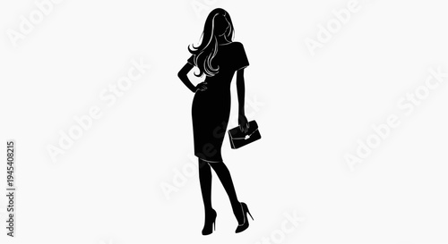 A silhouette of a fashionable woman wearing a dress and holding a small handbag in her left hand