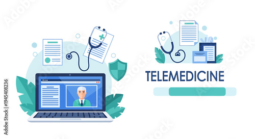 Telemedicine Doctor Using Laptop With Stethoscope. Vector Illustrations. EPS Editable