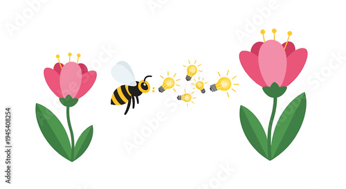 Two Flowers With Bees In Bloom. Vector Illustrations. EPS Editable