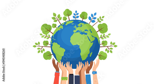 Unified Hands Lift The Earth For Global Environmental Stewardship. Vector Illustrations. EPS Editable