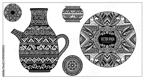 Intricate black and white illustrations of pottery and mandala designs
