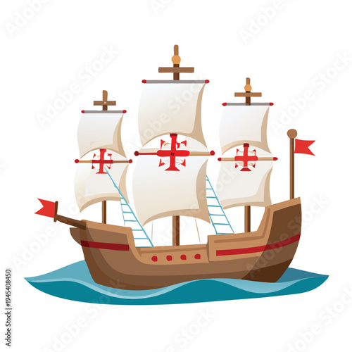 Caravel Ship Sailing on Water with White Sails and Red Crosses Nautical Exploration