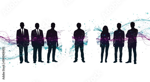 Silhouetted business people with abstract flowing light effects