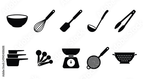 Cooking utensils icons set. bowl, whisk, spatula, ladle, tongs, measuring cups, spoons, kitchen scale, sieve, colander