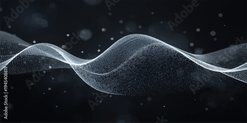 3D illustration of a blue DNA molecule with flowing light waves and smoke curves in a dark space background, inspired by ocean motion and science design